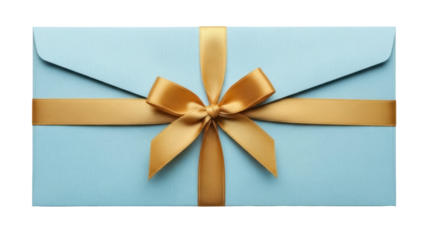 Light blue envelope with golden ribbon isolated PNG, elegant gift packaging for invitations and special occasions on transparent background
