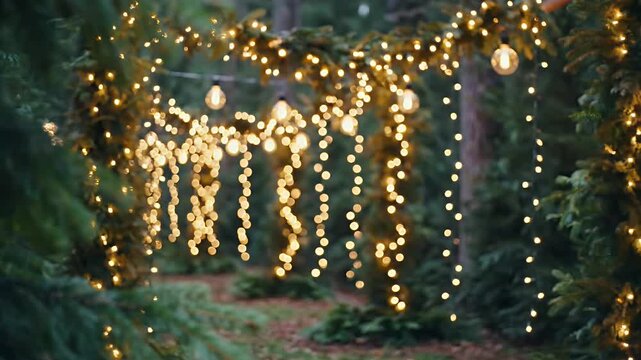 Outdoor Christmas Lights - Bokeh video featuring string lights hanging from tree branches. The lights are warm-toned and out of focus, creating a festive and cozy atmosphere.