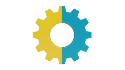 Obraz premium Two-tone gear PNG isolated on transparent background, yellow and blue cogwheel for settings and configuration