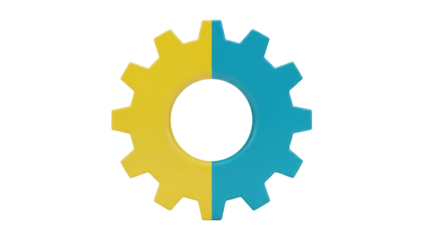 Two-tone gear PNG isolated on transparent background, yellow and blue cogwheel for settings and configuration