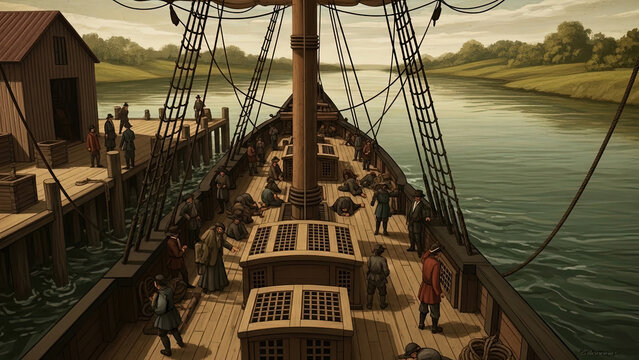 A historic wooden sailing ship docked at a bustling riverside port, with figures on deck and pier, illustrating colonial-era maritime trade or transport.