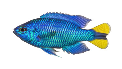 Fototapeta premium Vibrant blue and yellow damselfish isolated PNG, tropical reef fish on transparent background, colorful marine life for aquarium design
