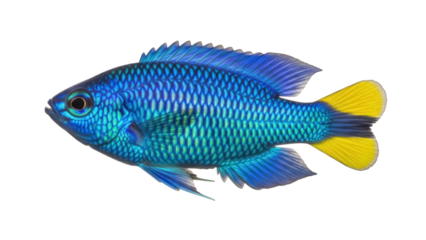 Vibrant blue and yellow damselfish isolated PNG, tropical reef fish on transparent background, colorful marine life for aquarium design