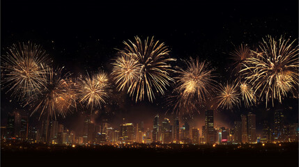 New Year celebration background with golden fireworks over modern city skyline at night, festive atmosphere, copy space, commercial stock photography style