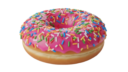 Delicious pink donut with colorful sprinkles isolated PNG, sweet dessert for bakery and confectionery designs on transparent background