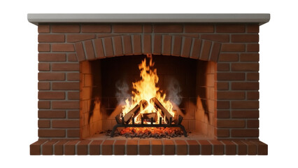 Brick fireplace with burning fire isolated PNG, cozy home interior element on transparent background for winter holiday designs