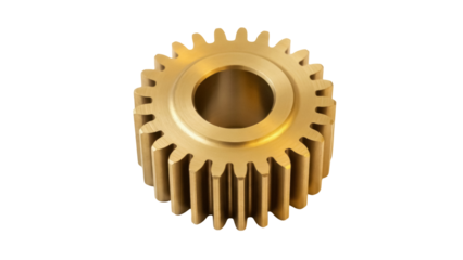 Golden gear wheel isolated PNG, cogwheel machinery component for engineering and mechanical design projects on transparent background