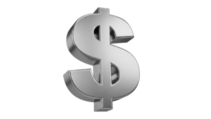 Silver dollar sign isolated PNG on transparent background, currency symbol for finance and investment concepts