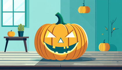 Obraz premium Inside Halloween carved pumpkin grinning wickedly on wood planks against a teal wall in a stylized, painterly fashion
