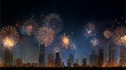 Fototapeta premium New Year celebration background with golden fireworks over modern city skyline at night, festive atmosphere, copy space, commercial stock photography style