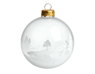 White ornament with etched winter scene and gold cap