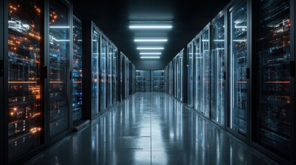 Rows of computer servers stand in a dark data center with bright lights above. The servers show signs of activity with blinking lights. A clean floor reflects the light.