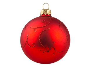 Round red bauble with ornate swirl pattern