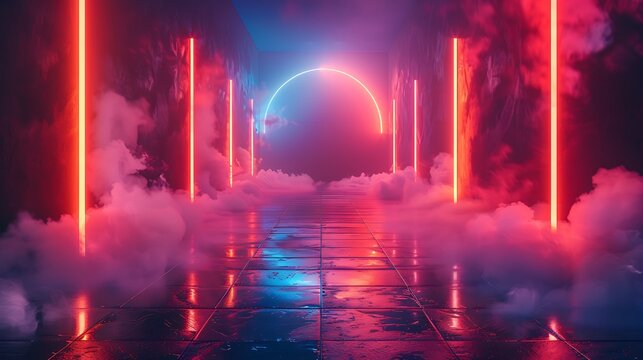 Synthwave retro background with glowing neon lights - Powered by Adobe