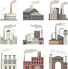 Obraz premium Industrial factory building illustration set with smokestacks, power plants, manufacturing facilities, pollution concept, urban industry architecture, flat vector design