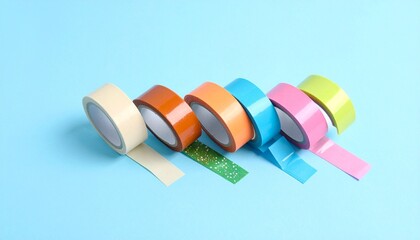 Four rolls of colored adhesive tape with extended strips on light blue surface