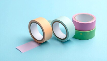 Four rolls of colored adhesive tape with extended strips on light blue surface