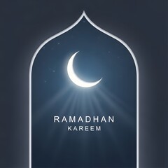 Crescent moon shining brightly through an archway on a dark background during Ramadan