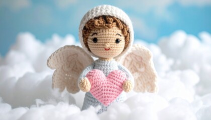 Crocheted angel doll with white wings and pink heart against cloud and blue sky background