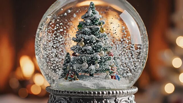 Christmas Tree in Snow Globe - A close-up shot of a Christmas tree snow globe with falling snow, festive ornaments hanging from the branches, and small figures at the base.