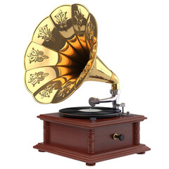Vintage Golden Gramophone with Wooden Base and Vinyl Record isolated on a transparent background