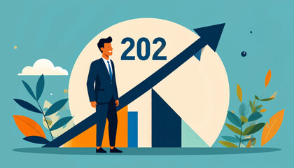 Illustration of a businessman standing in front of a chart with an upward arrow and plants against a light blue background