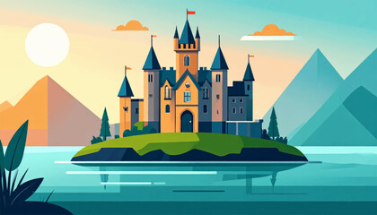 Naklejka premium Illustration of a castle on an island, surrounded by water, mountains and sunset sky