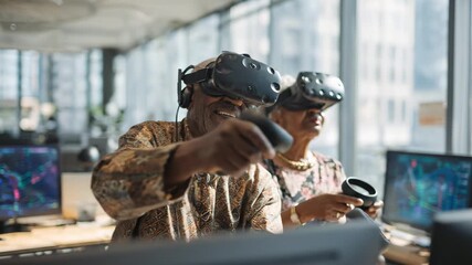 Senior African American couple enjoys virtual reality gaming together in a modern lounge. Immersive experience, active aging, technology adaptation, joyful interaction.