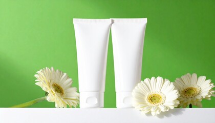 Two white cosmetic tubes with daisies on green surface and background