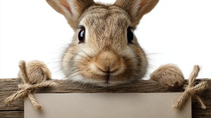 A rabbit stands on a wooden surface and holds a blank sign with its paws. The background is plain putting focus on the rabbit's face and its expression.
