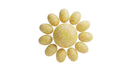 Yellow candies arranged in a flower shape on white background.