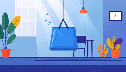 Illustrated room with blue walls, table, chair, potted plants, hanging bag and overhead lamp and a clock on the wall