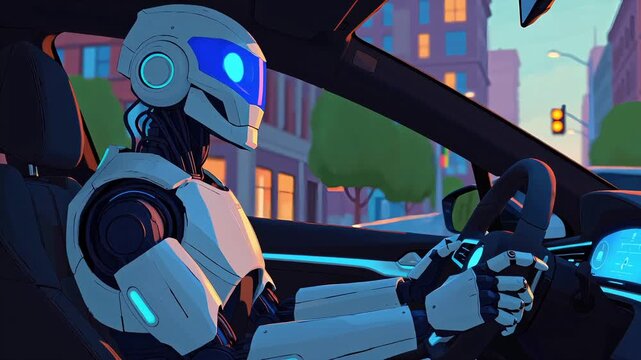 AI robot driving car Autonomous Vehicle Artificial Intelligence Assistant Smart Commute Futuristic Taxi Technology Metaphor Cartoon