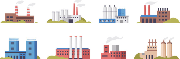 Obraz premium Industrial factory illustration set featuring power plants, storage tanks, smokestacks, manufacturing facilities, energy production buildings, flat modern vector design