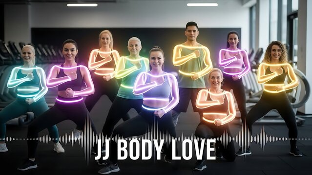 Group Fitness Class with Neon Outlines.