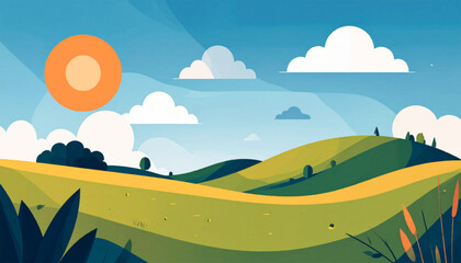 Fototapeta premium Simplified flat landscape illustration with rolling hills and a stylized sun in a blue sky