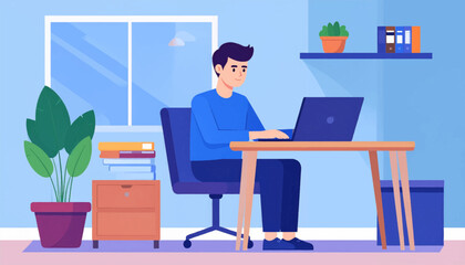 Illustration of a man working on a laptop in his home office with desk, plant, window, and shelf