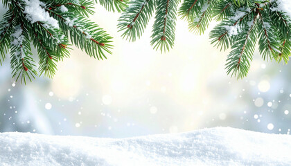 A serene winter background with snow-covered fir branches, sparkling snowflakes, and a bright, blurry bokeh effect.