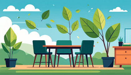 Outdoor dining area on a patio with a table, chairs, potted plants, blue sky, and distant green hills