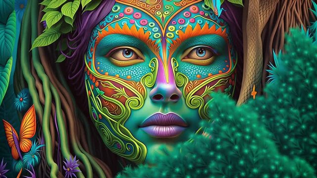 Earth goddess vision in shaman ayahuasca hallucination concept. A vibrant face adorned with nature elements amidst lush rainforest scenery.