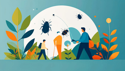 Obraz premium Simplified vector scene of people interacting with oversized insects in a stylized landscape