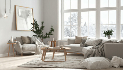 Bright and cozy modern living room with large windows overlooking a snowy winter landscape, featuring light-colored sofas and minimalist decor.