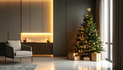 A modern minimalist living room decorated for Christmas with a lit tree and gifts.
