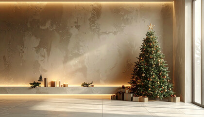 Modern minimalist living room decorated for Christmas with a festive tree, wrapped gifts, and warm ambient lighting.
