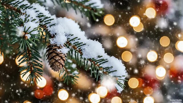 Snowy Pine Branch with Holiday Lights - A close-up shot shows a pine branch dusted with fresh snow, with a pine cone hanging down.
