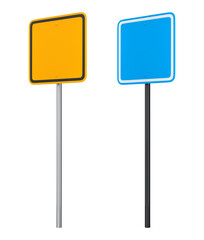 Blank traffic signs with different shapes and colors on metal poles on white background with clipping path, concept of road safety