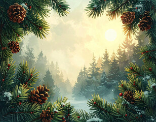 Winter forest scene framed by festive pine branches with snow-dusted pinecones and red berries, bathed in the warm glow of a setting sun.