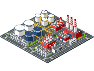 Obraz premium Isometric industrial complex with storage tanks, pipelines, and factory buildings, representing manufacturing and energy production