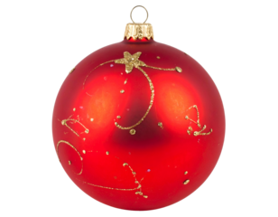 Shiny red Christmas ornament with glittery gold swirls and stars