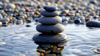 Stacked stones tower on still water poise radiating natural grace poise inviting contemplative focus, poise strengthening visual narratives subtle ripples to zen inspired marketing or health retreats